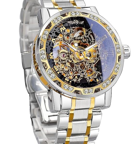 Stainless Steel Mechanical Men's Watch(Gold Dial Silver Colored Strap)